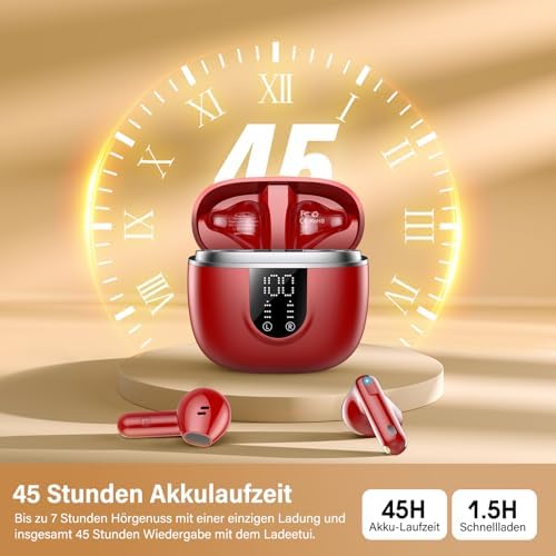 Ecouteurs Bluetooth sans Fil, Écouteurs Bluetooth 5.4, 4 ENC Réduction Bruit Mic, HiFi Stéréo, 45H de Lecture, Casque Contrôle Tactile, Écran LED, IPX7 Étanche Sport Oreillette pour iOS Android, Rouge - Image 3
