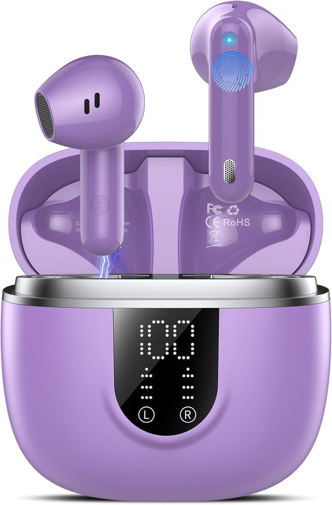 Écouteurs intra-auriculaires sans fil Bluetooth 5.4, son Hi-Fi avec réduction du bruit ENC, autonomie de 45 heures, affichage LED, étanchéité IP7, pour le travail et l'étude, violet