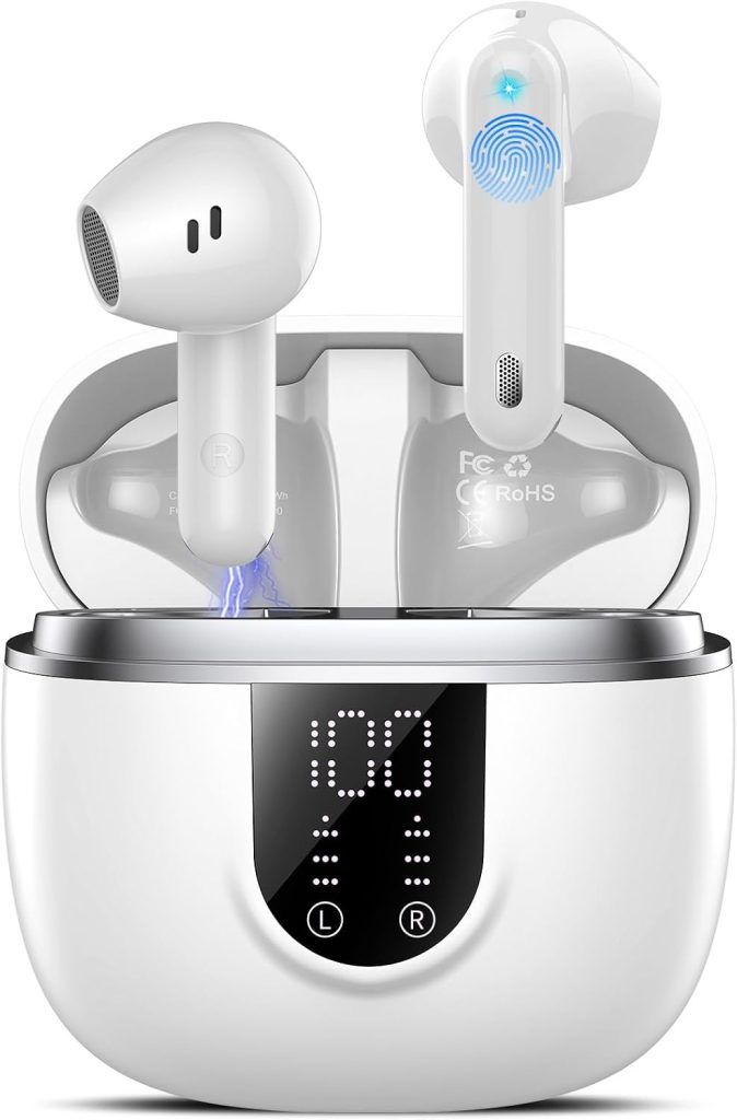 Ecouteurs Bluetooth sans Fil, Écouteurs Bluetooth 5.4, 4 ENC Réduction Bruit Mic, HiFi Stéréo, 45H de Lecture, Casque Contrôle Tactile,Écran LED, IPX7 Étanche Sport Oreillette pour iOS Android, Blancs