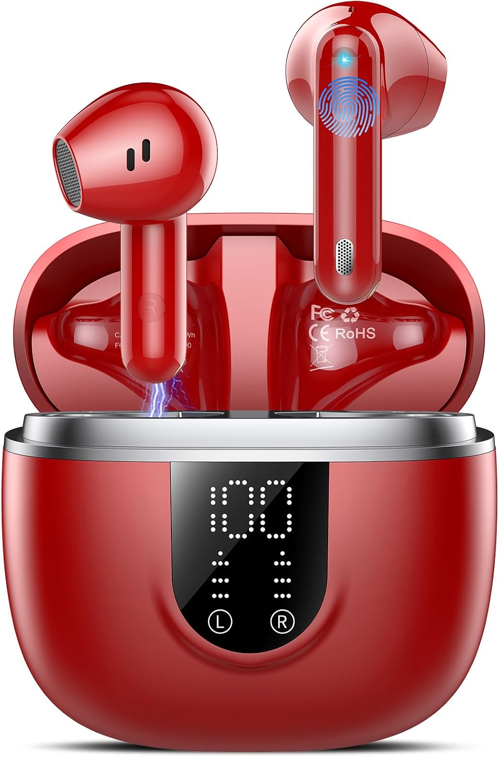 Ecouteurs Bluetooth sans Fil, Écouteurs Bluetooth 5.4, 4 ENC Réduction Bruit Mic, HiFi Stéréo, 45H de Lecture, Casque Contrôle Tactile, Écran LED, IPX7 Étanche Sport Oreillette pour iOS Android, Rouge