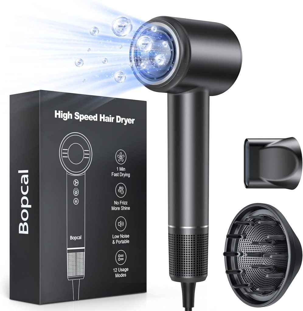 Bopcal Sèche-Cheveux Professionnel avec Diffuseur, 160000 Tr/min Haute Vitesse, Sèche Cheveux Ionique 500M Ions, Séchage Rapide Anti-Frisottis, Contrôle Intelligent Température, Léger et Silencieux